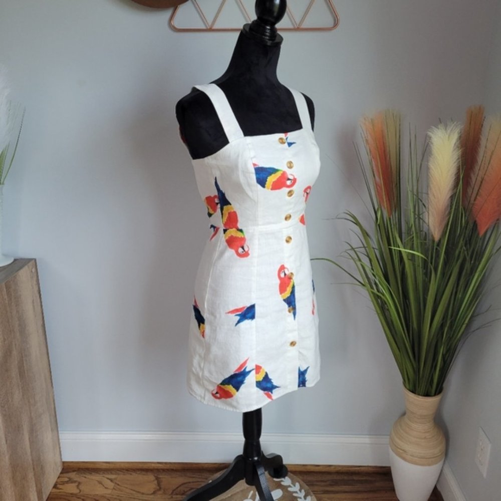 Farm Rio, New, Macaw White Linen Parrot Mini Dress Sundress Dress, XS - Picture 3 of 6